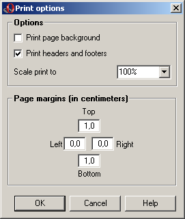 Okno Print options u Opery